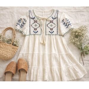 POL Cottagecore Embroidered Prairie Dress M White Cotton Gauze Babydoll Boho